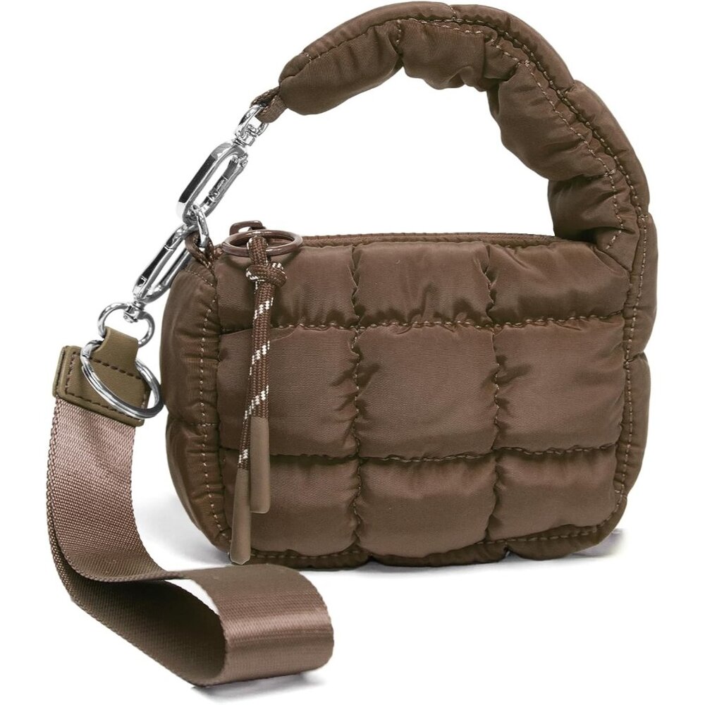 Women's Cute Mini Quilted Wristlet Charm Gift Pouch Puffer Brown Evening Handbag